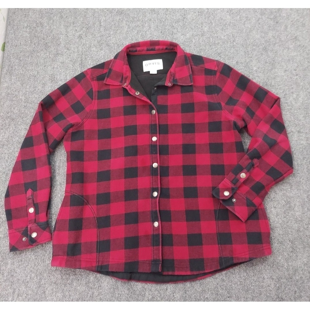 Orvis Shacket Shirt Womens Large Red Buffalo Plaid Snaps Flannel Fleece Lined